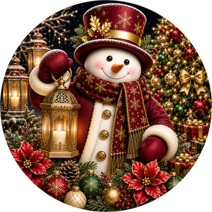 Snowman with His Red and Gold Lantern — Winter Round Wreath Sign