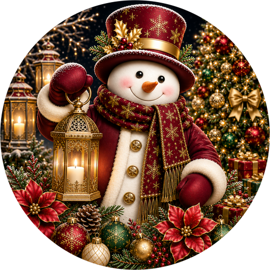 Snowman with His Red and Gold Lantern — Winter Round Wreath Sign