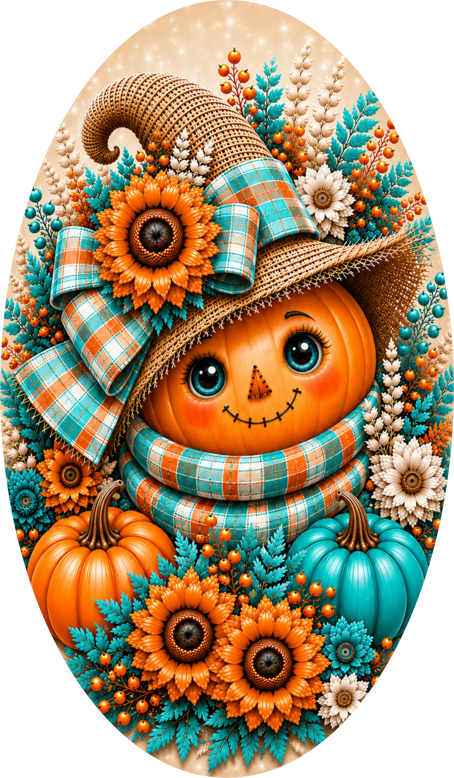 Scarecrow Pumpkin Blue Orange Plaid Oval Wreath Sign