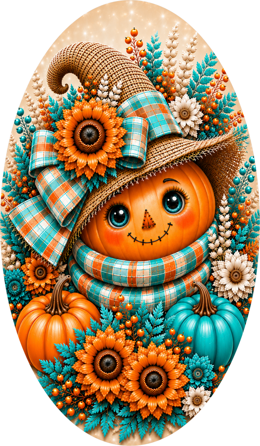 Scarecrow Pumpkin Blue Orange Plaid Oval Wreath Sign