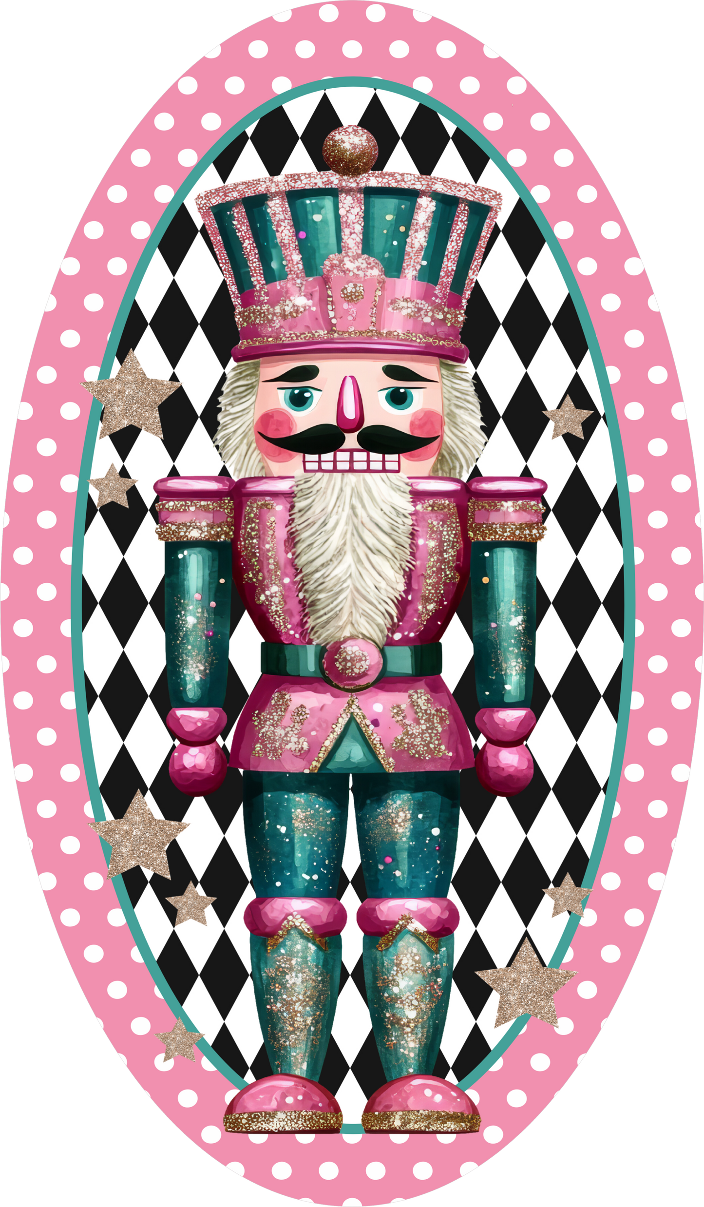 Pink Harlequin Nutcracker — Christmas Oval Wreath Sign