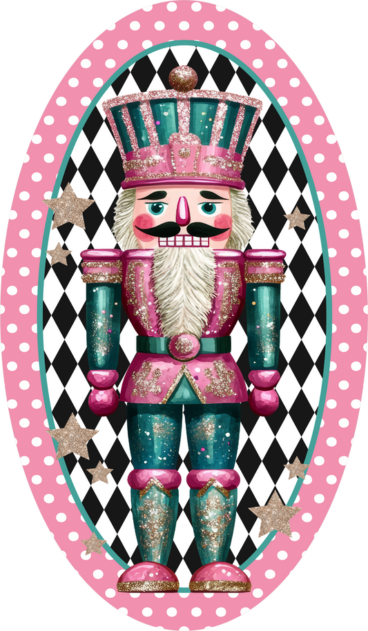 Pink Harlequin Nutcracker — Christmas Oval Wreath Sign