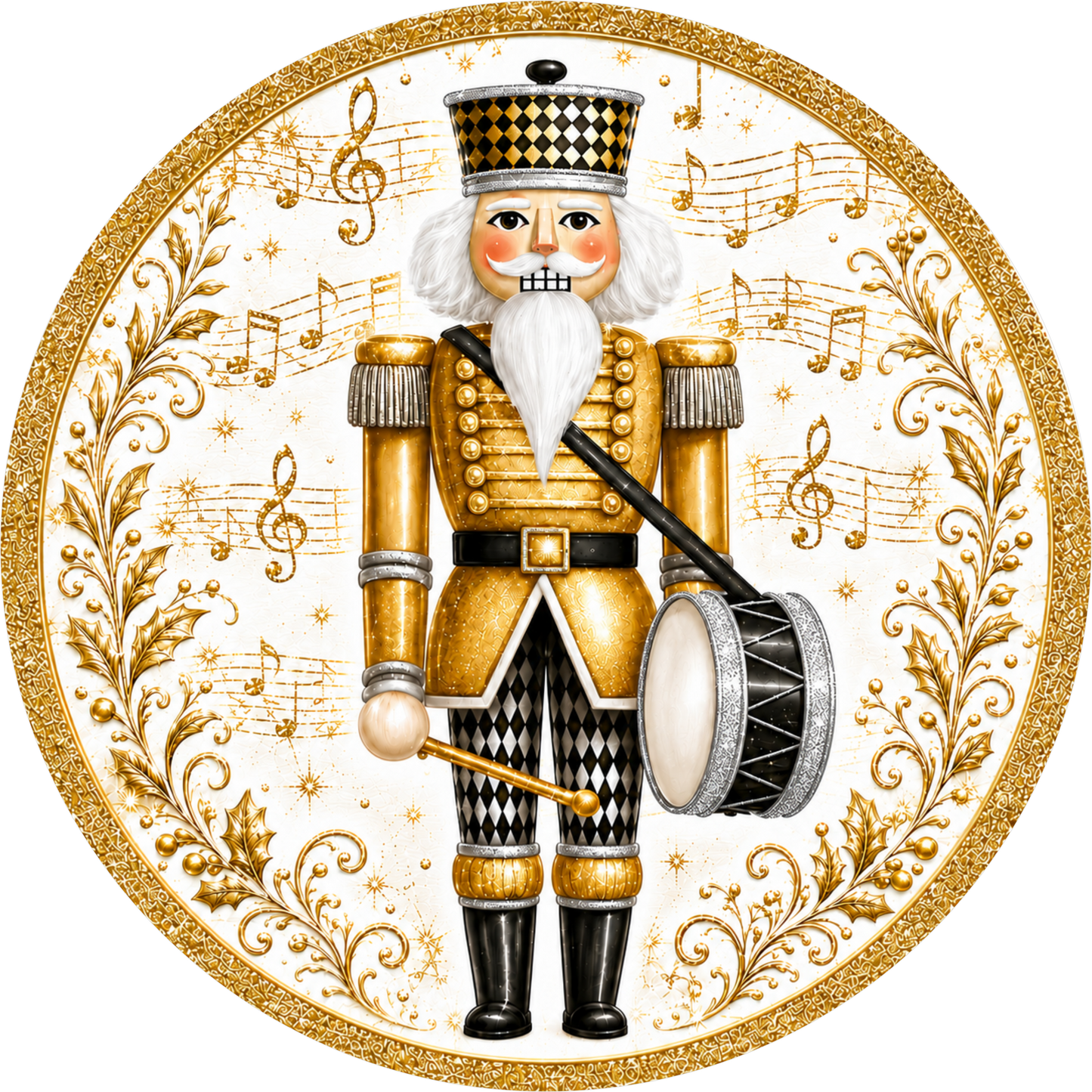 Gold and Black Nutcracker Drummer — Christmas Round Wreath Sign
