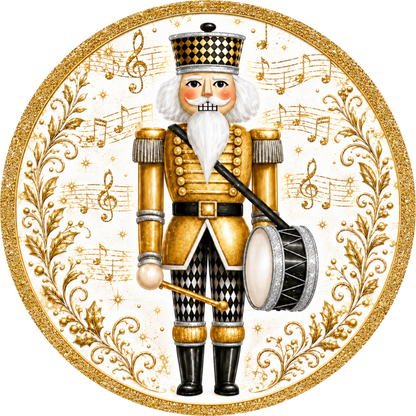Gold and Black Nutcracker Drummer — Christmas Round Wreath Sign