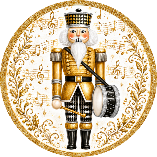 Gold and Black Nutcracker Drummer — Christmas Round Wreath Sign