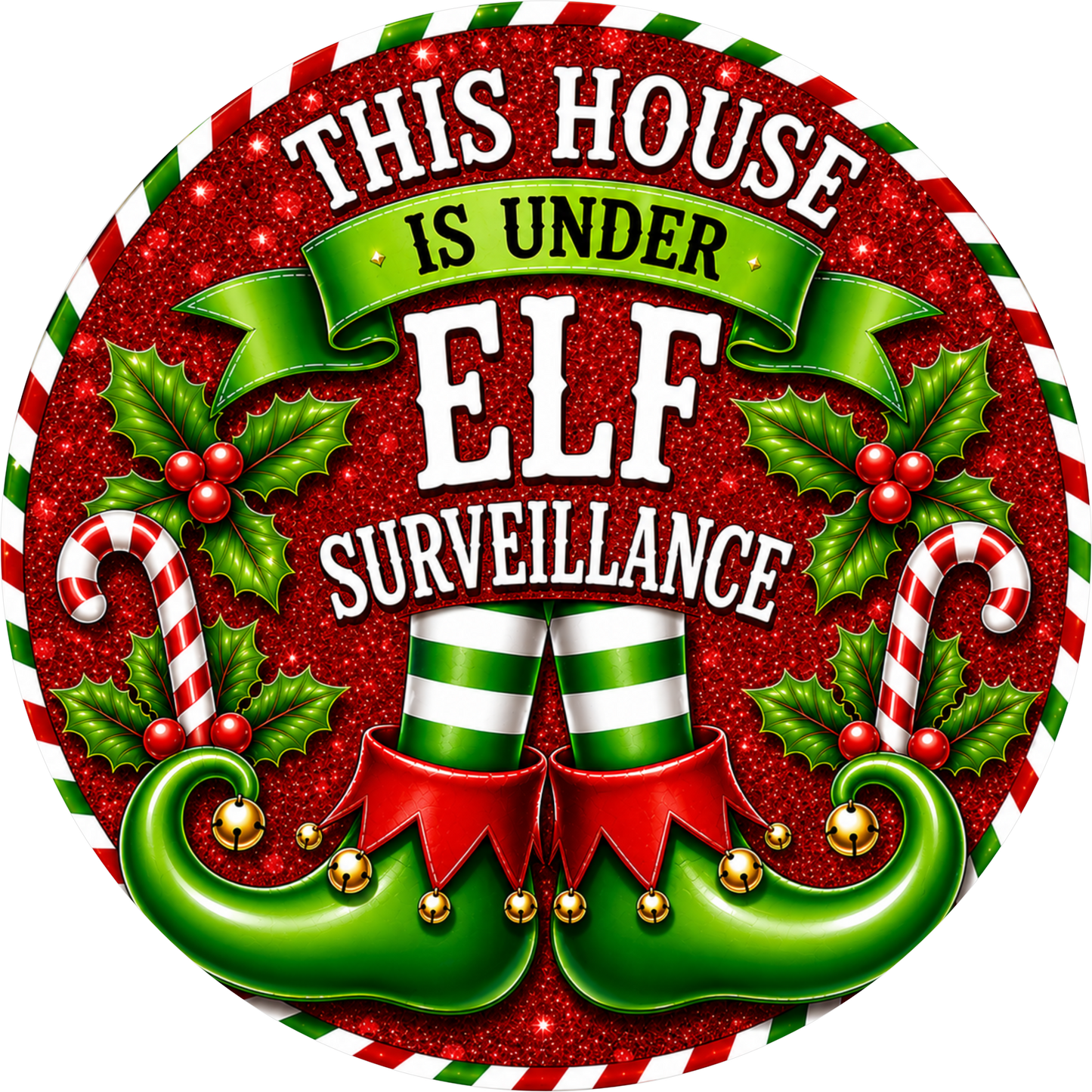 Elf on Surveillance in Lime and Red — Christmas Round Wreath Sign