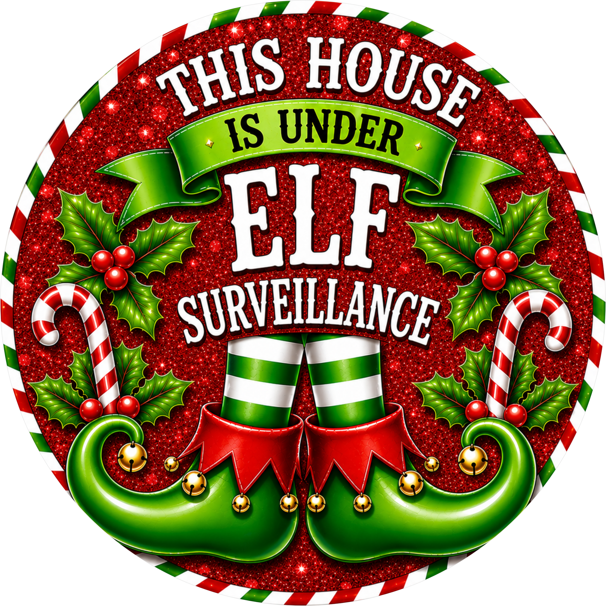 Elf on Surveillance in Lime and Red — Christmas Round Wreath Sign