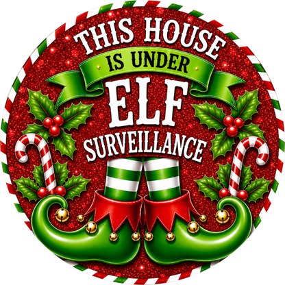 Elf on Surveillance in Lime and Red — Christmas Round Wreath Sign