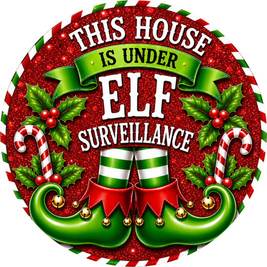 Elf on Surveillance in Lime and Red — Christmas Round Wreath Sign