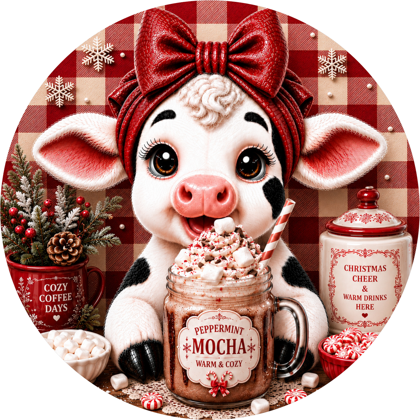 Baby Calf — Christmas Round Wreath Sign