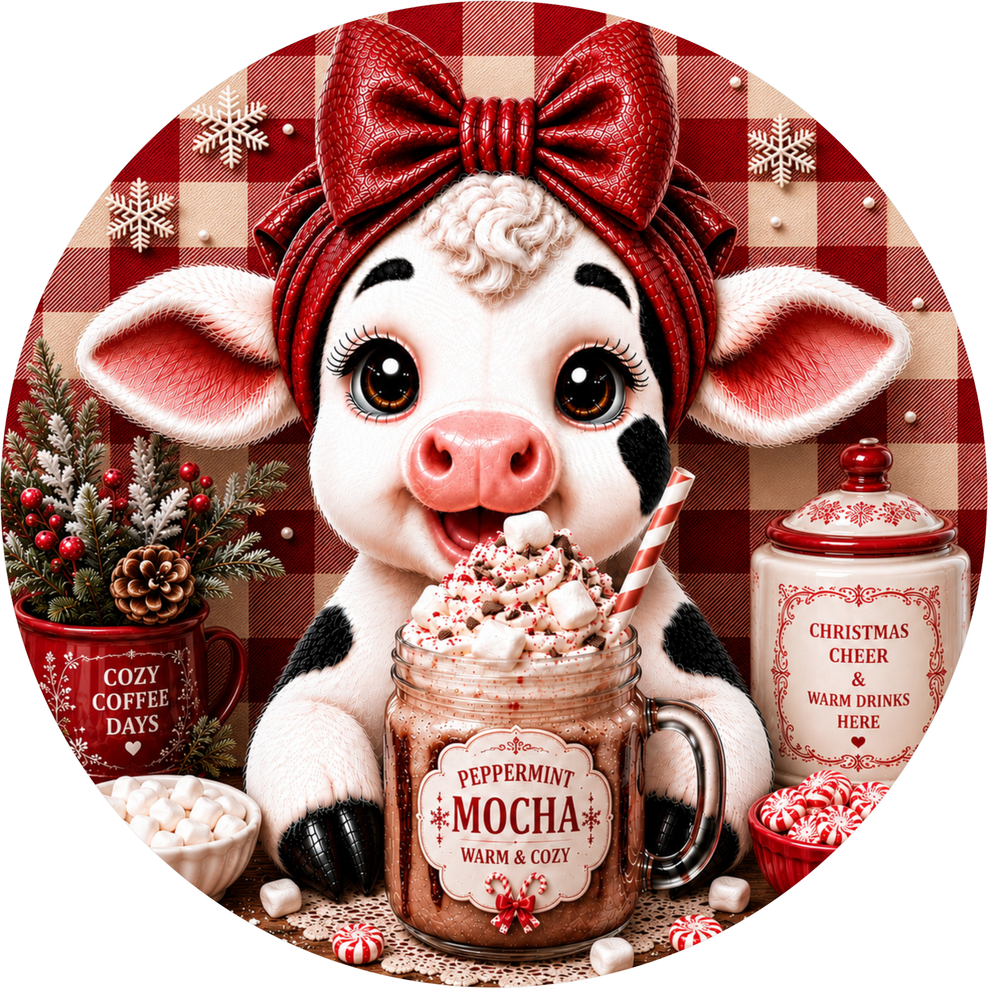 Baby Calf — Christmas Round Wreath Sign