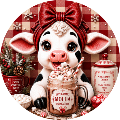 Baby Calf — Christmas Round Wreath Sign