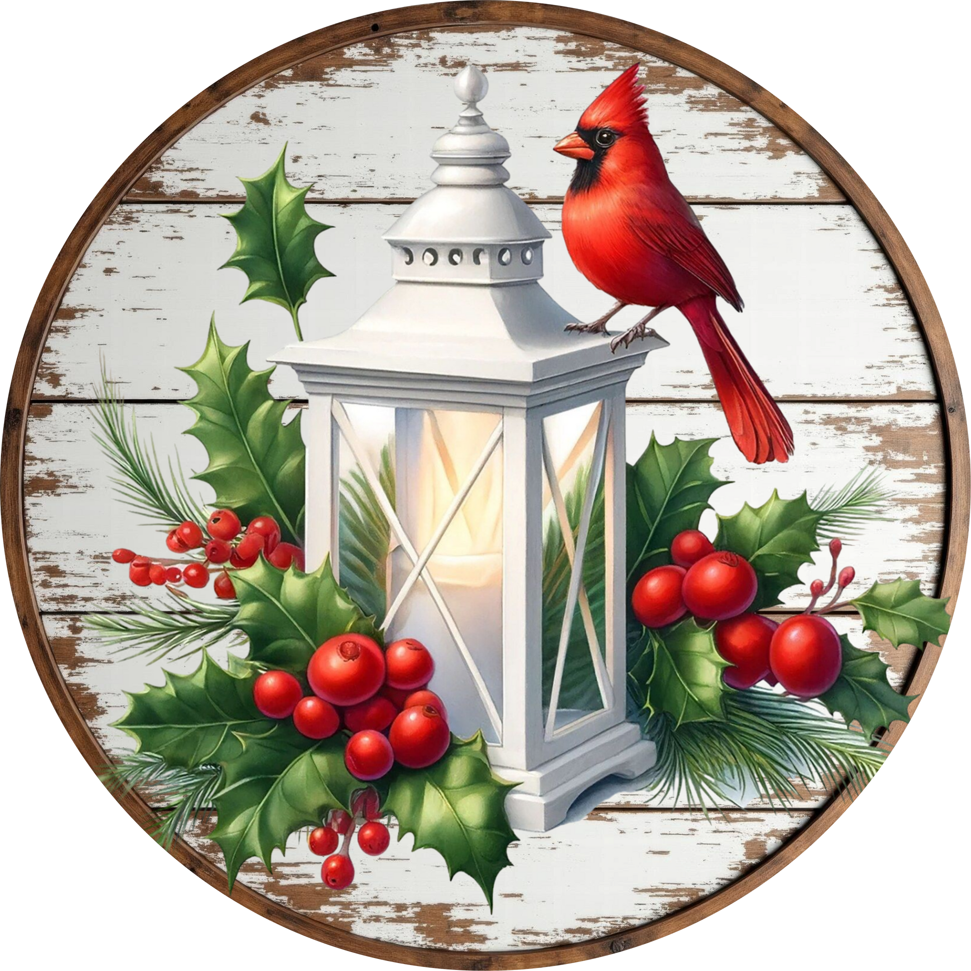 Cardinal with a White Lantern — Christmas Round Wreath Sign