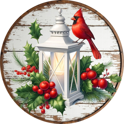 Cardinal with a White Lantern — Christmas Round Wreath Sign