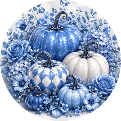 Blue Pumpkins Fall Round Wreath Sign