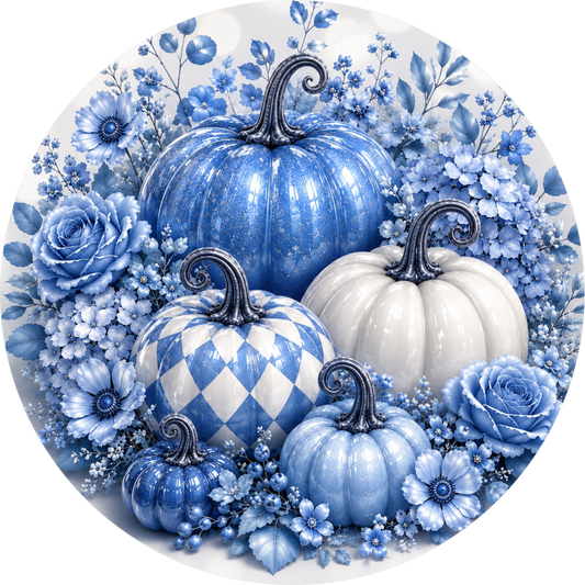 Blue Pumpkins Fall Round Wreath Sign