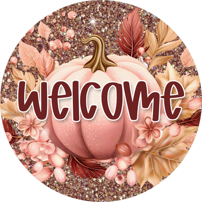 Pink Pumpkin Fall Round Wreath Sign