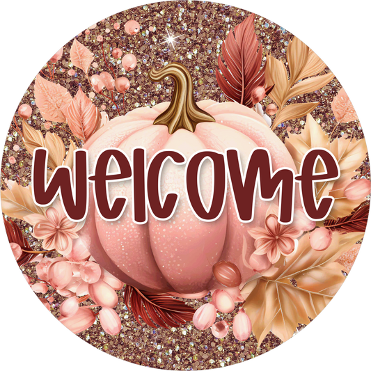 Pink Pumpkin Fall Round Wreath Sign