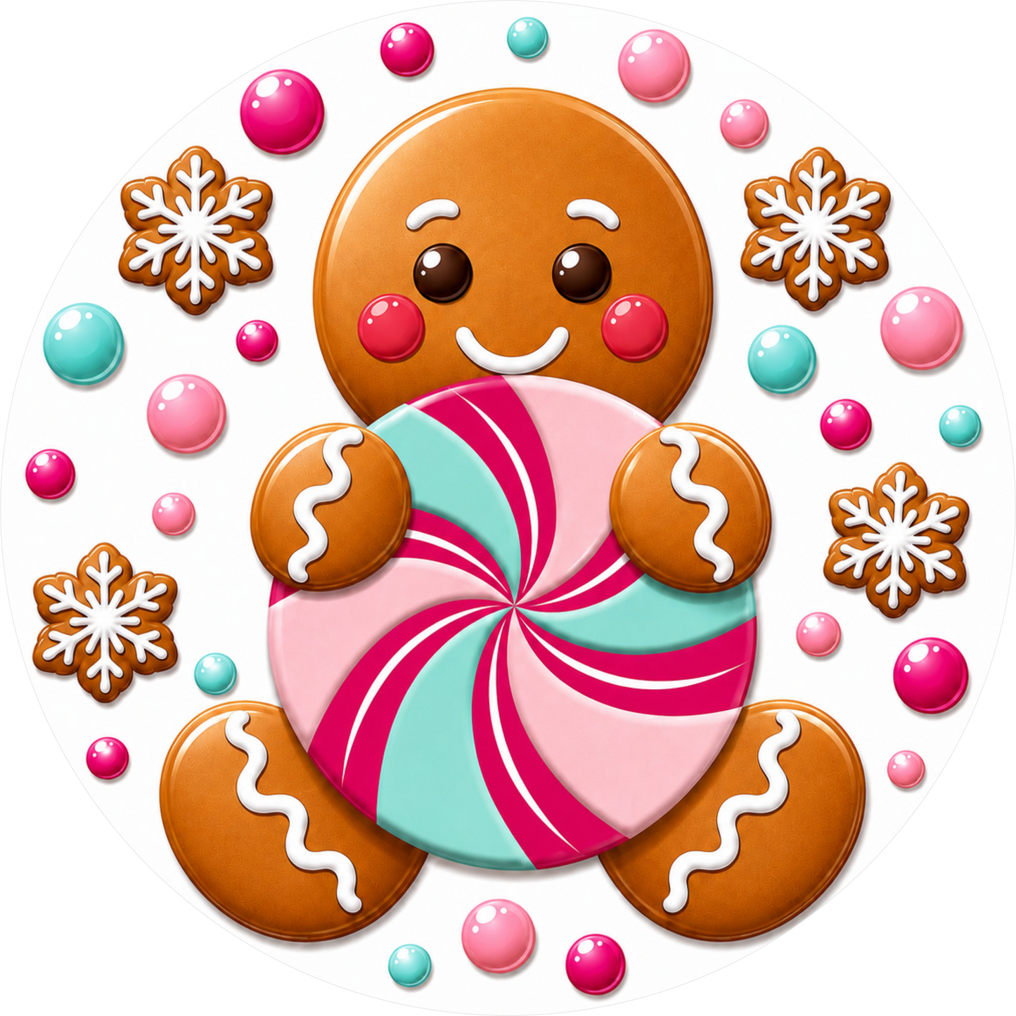 Pink and Aqua Gingerbread Cookies and Peppermints — Christmas Round Wreath Sign