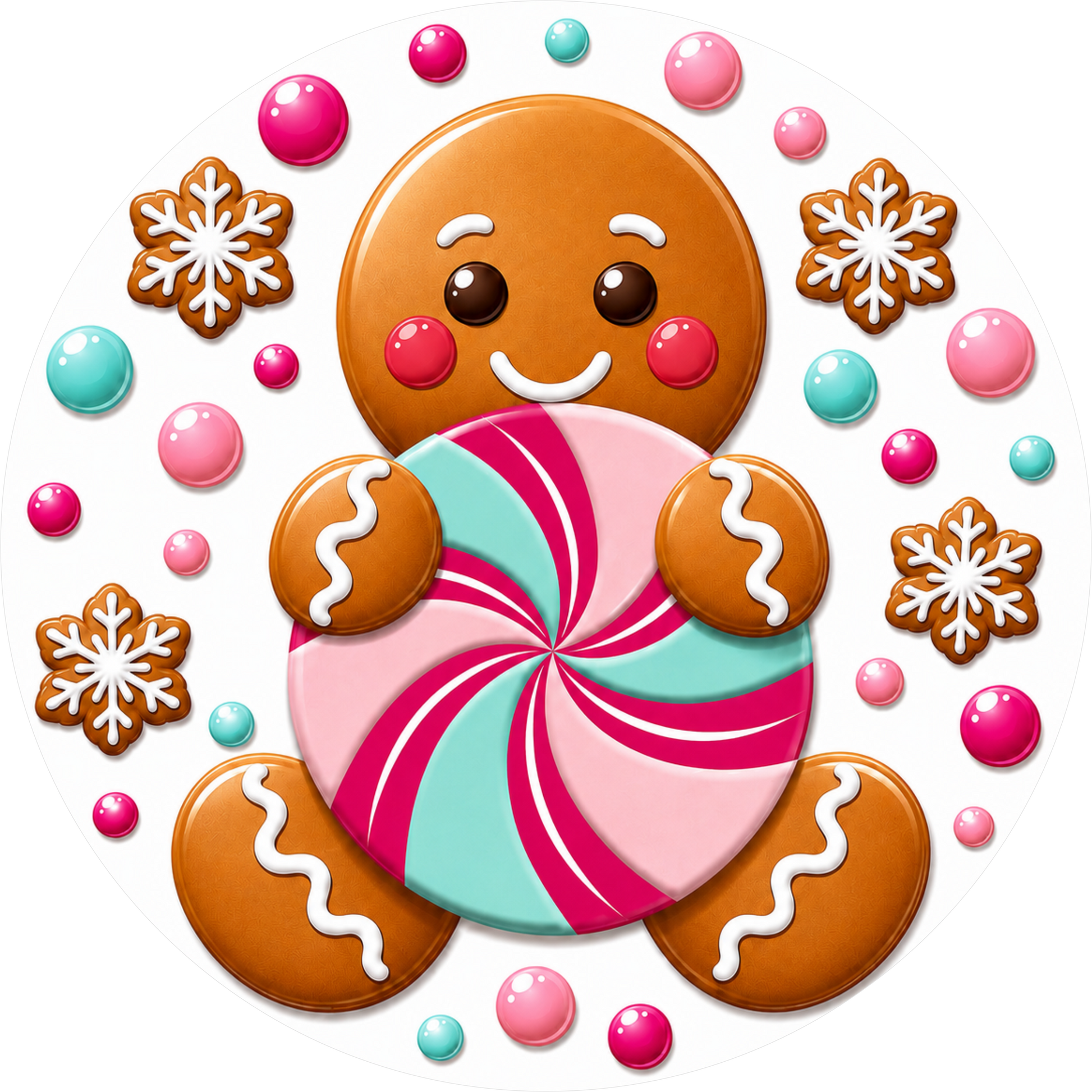 Pink and Aqua Gingerbread Cookies and Peppermints — Christmas Round Wreath Sign