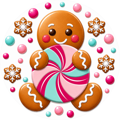 Pink and Aqua Gingerbread Cookies and Peppermints — Christmas Round Wreath Sign