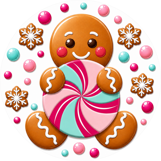 Pink and Aqua Gingerbread Cookies and Peppermints — Christmas Round Wreath Sign