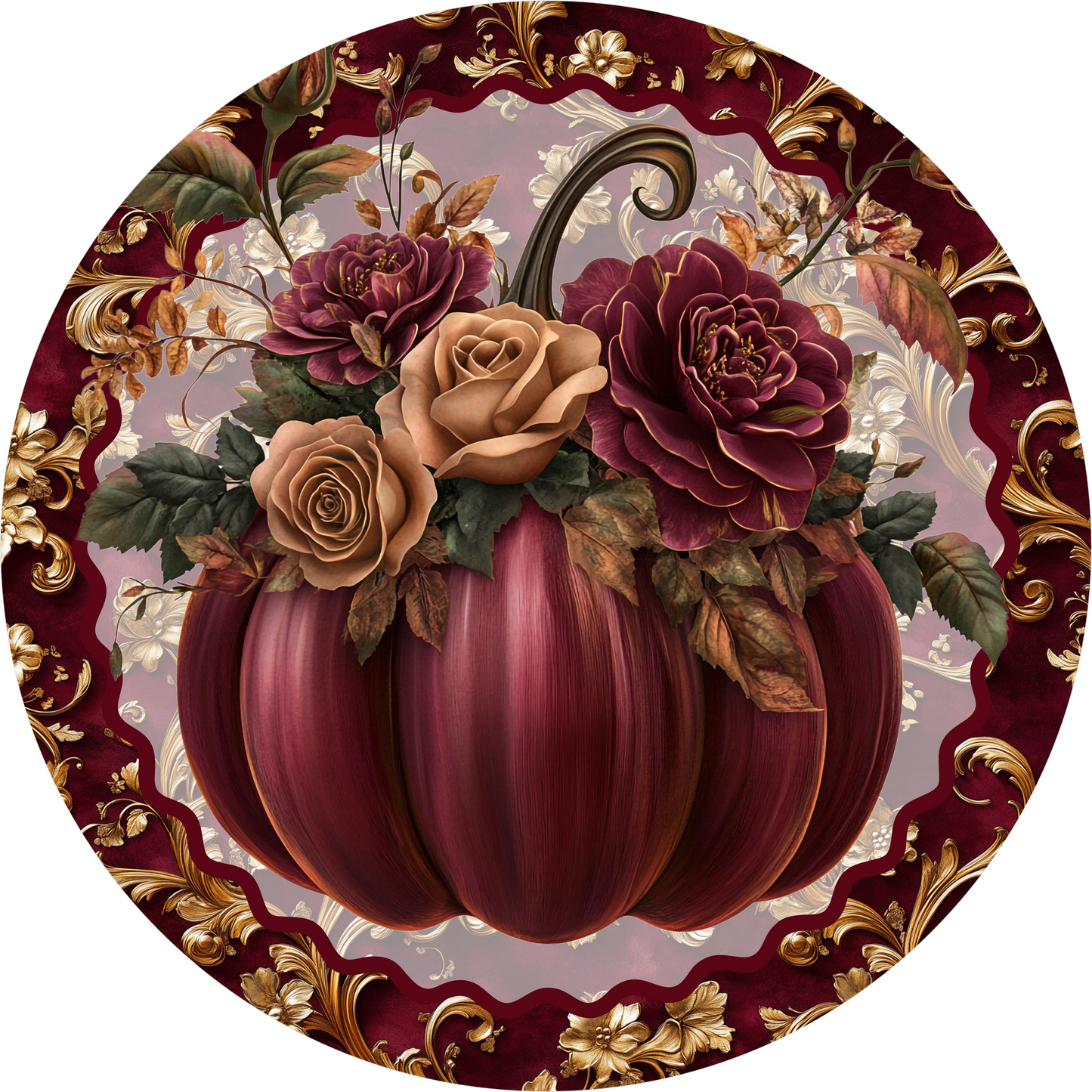 Burgundy Pumpkin Fall Round Wreath Sign
