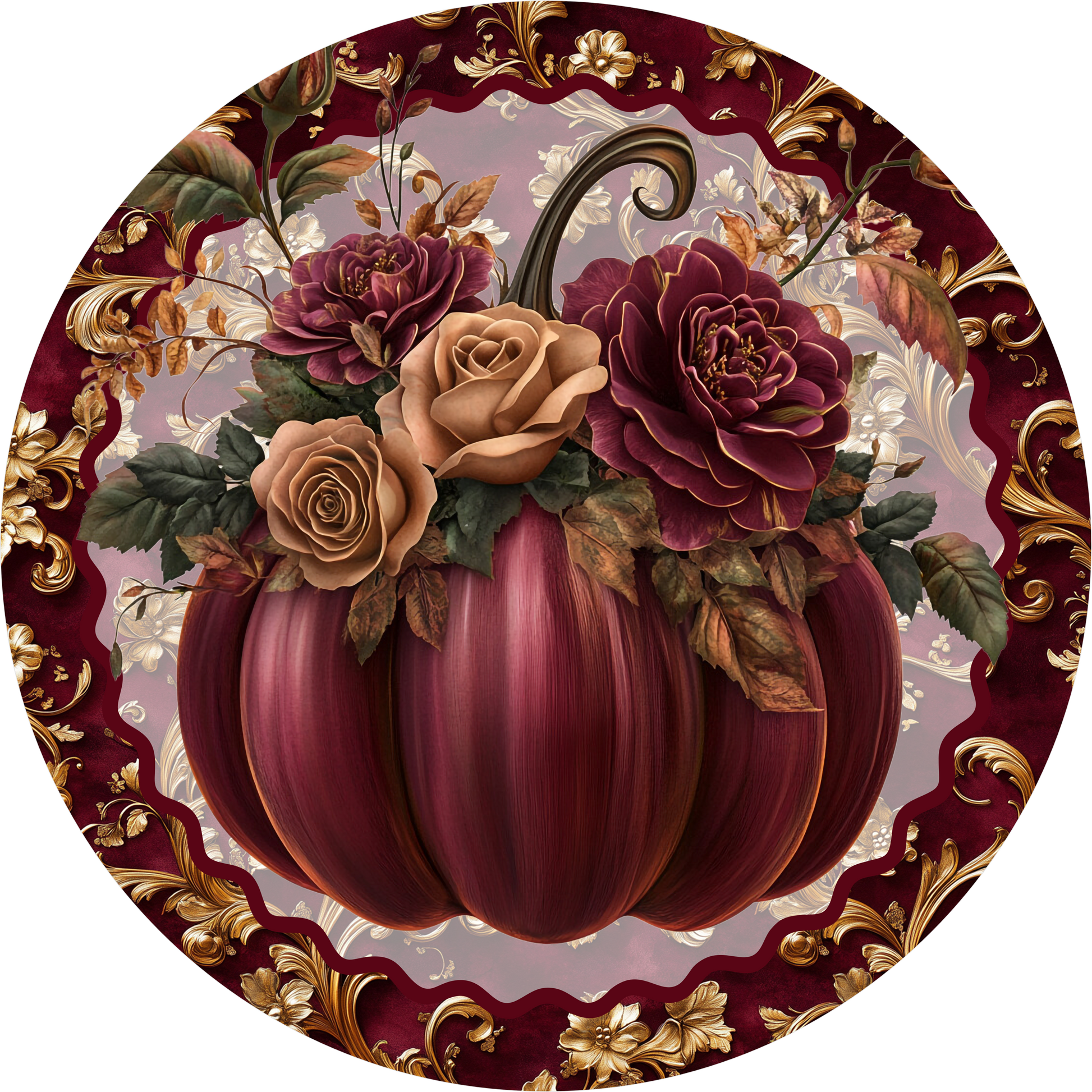 Burgundy Pumpkin Fall Round Wreath Sign