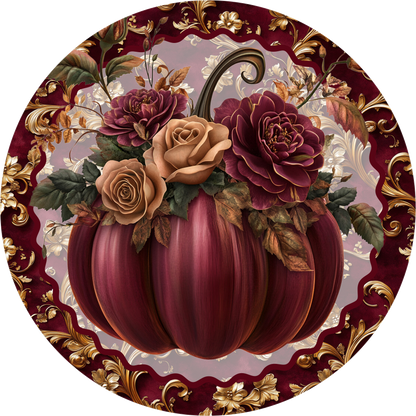 Burgundy Pumpkin Fall Round Wreath Sign