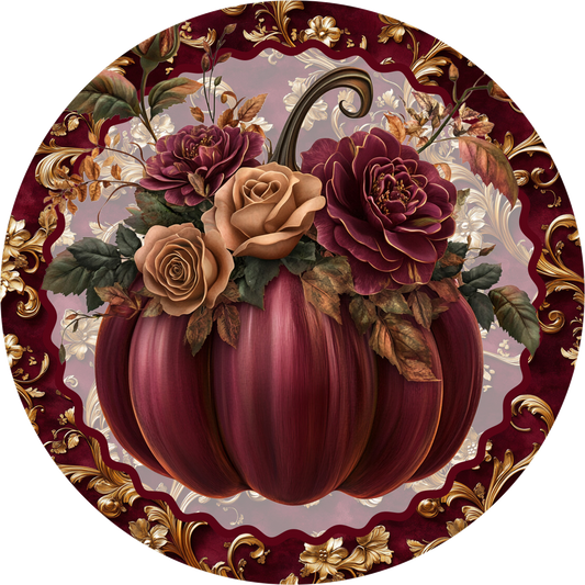 Burgundy Pumpkin Fall Round Wreath Sign