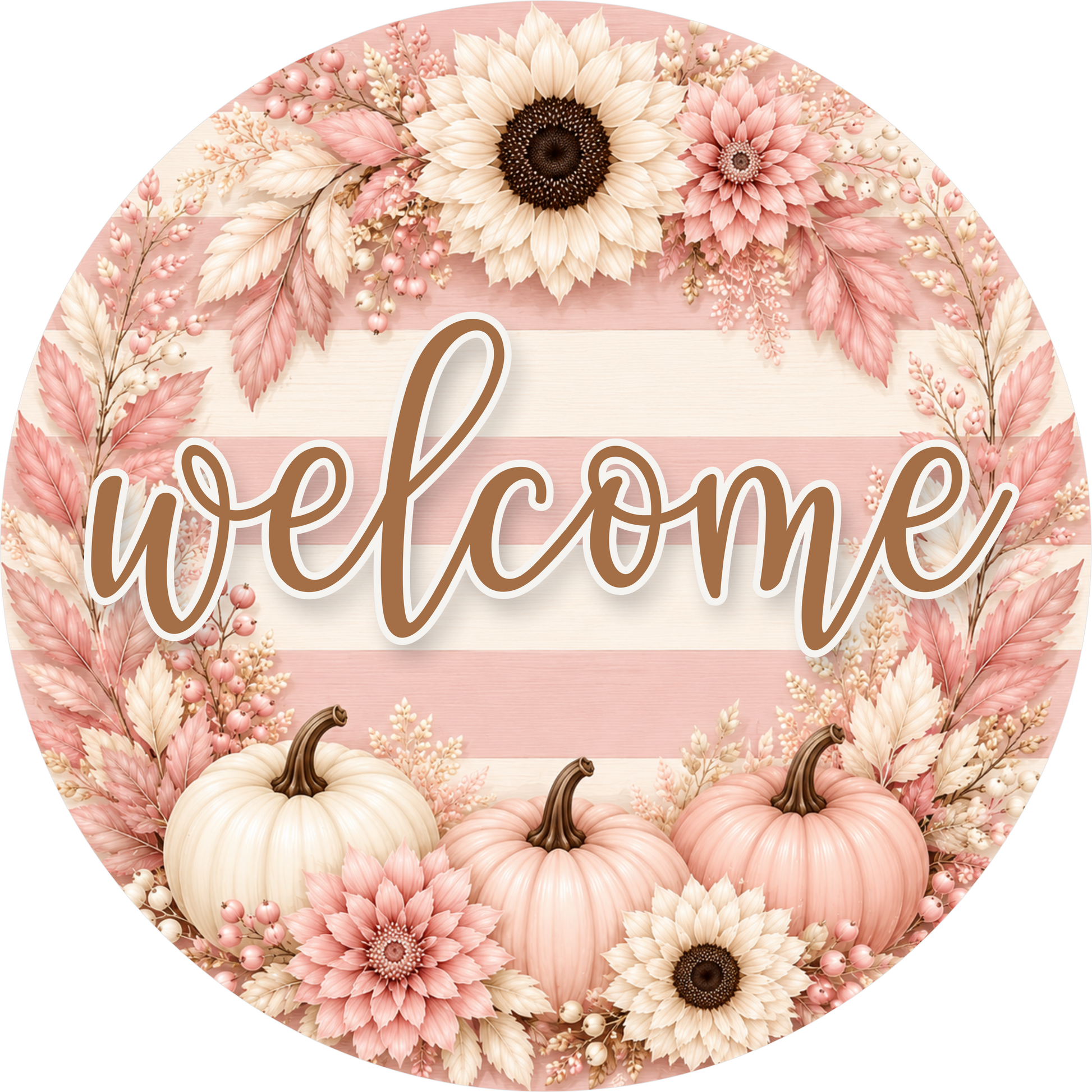 Welcome Pink Pumpkins Striped Round Wreath Sign