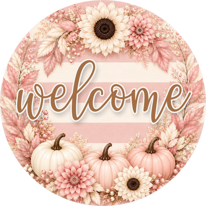 Welcome Pink Pumpkins Striped Round Wreath Sign