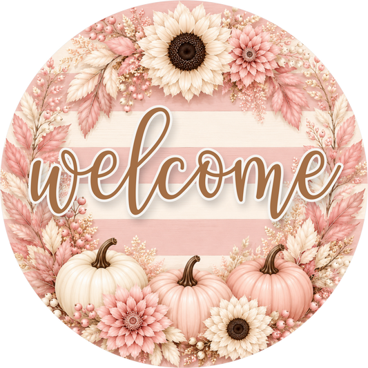 Welcome Pink Pumpkins Striped Round Wreath Sign