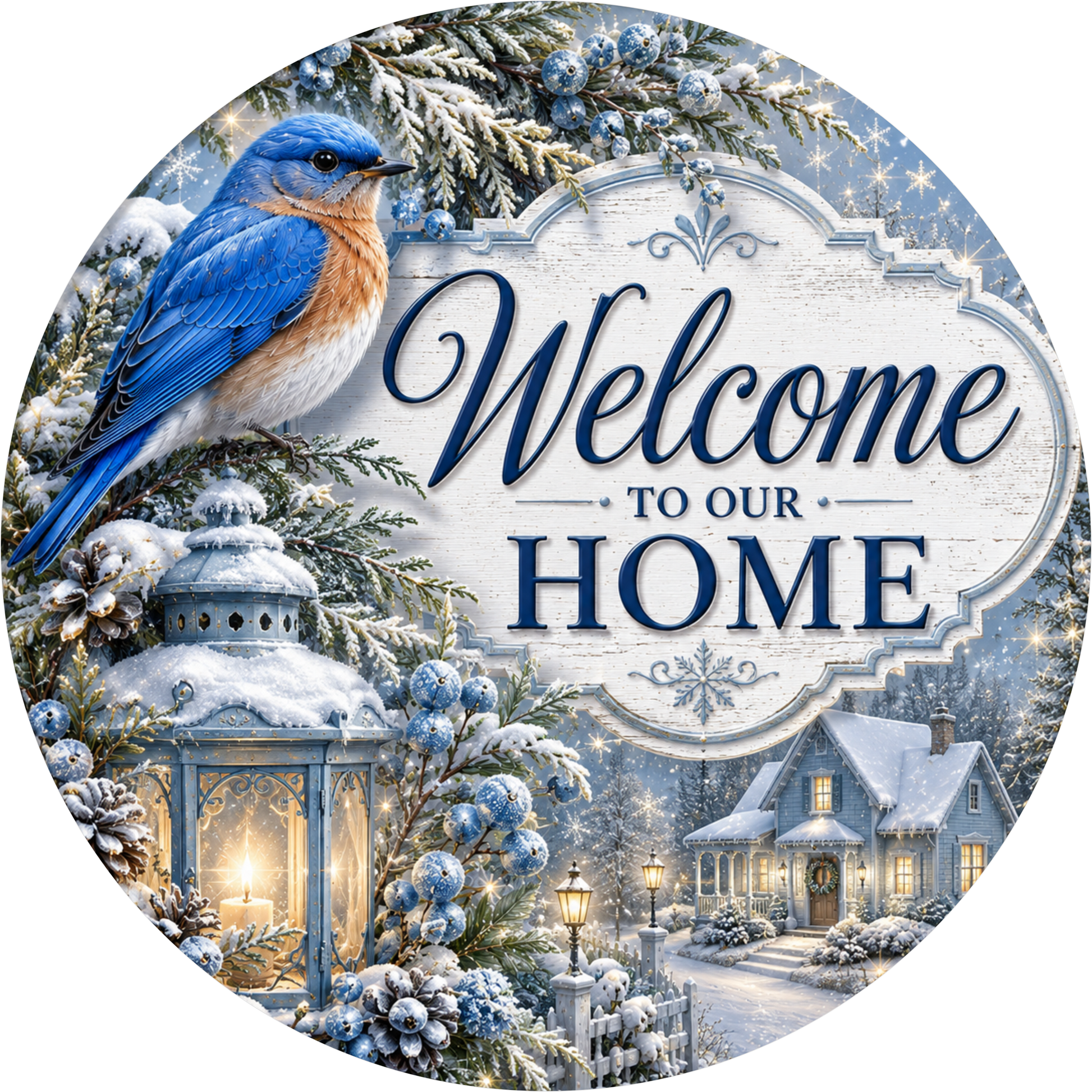 Bluebird with Her Lantern — Winter Round Wreath Sign
