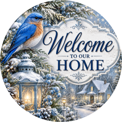 Bluebird with Her Lantern — Winter Round Wreath Sign