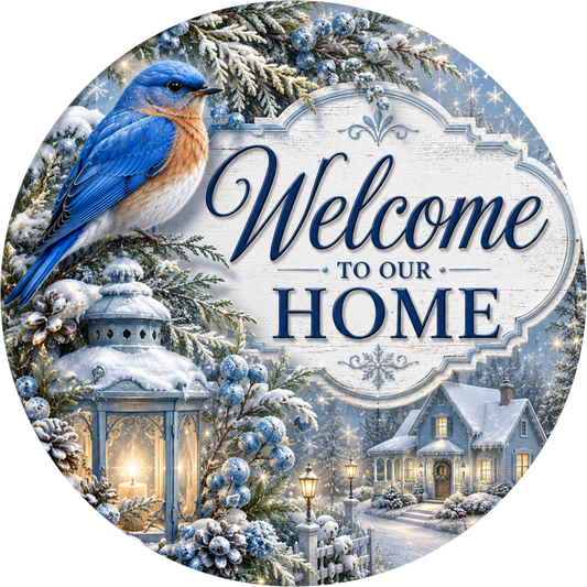 Bluebird with Her Lantern — Winter Round Wreath Sign
