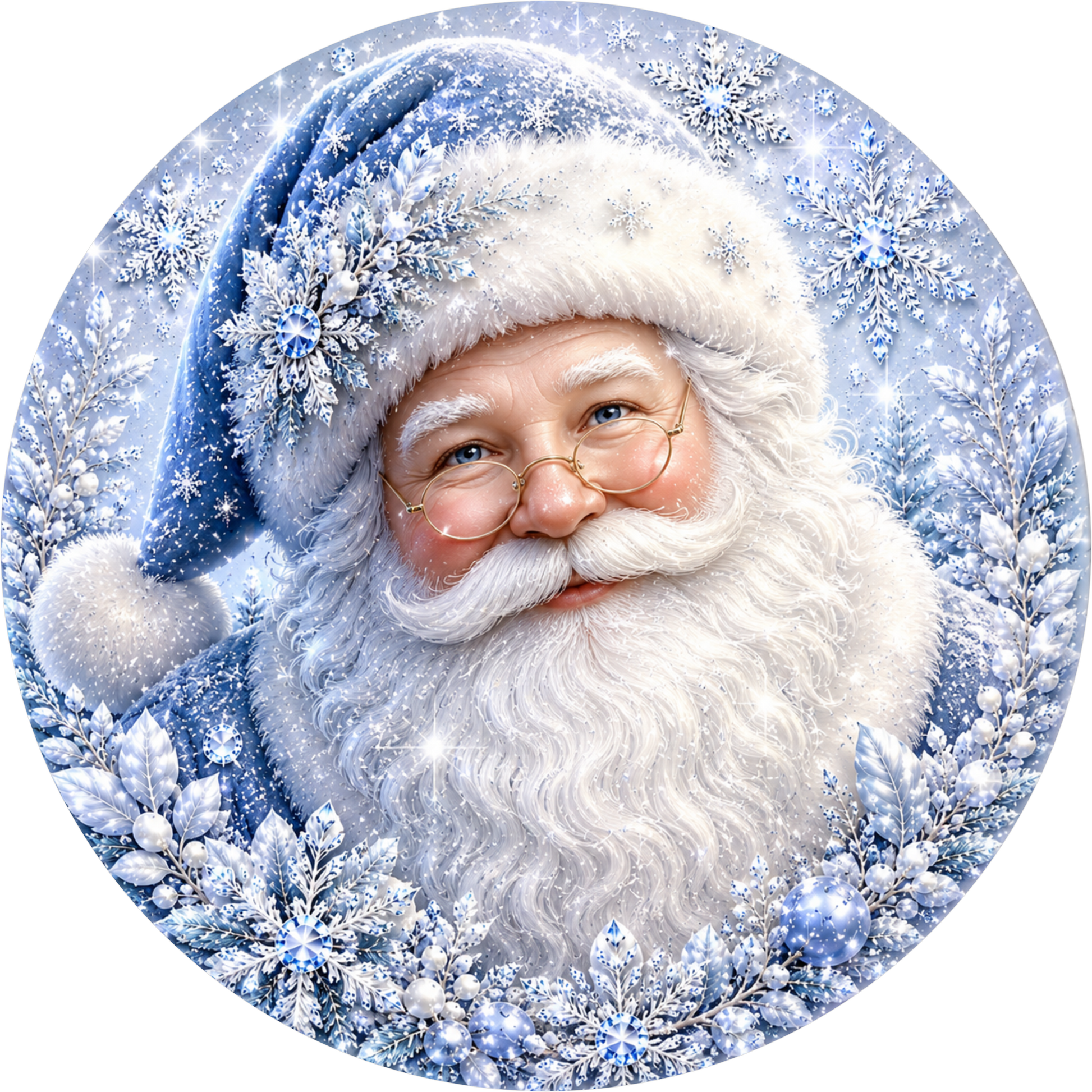 Santa in Light Blue — Christmas Round Wreath Sign