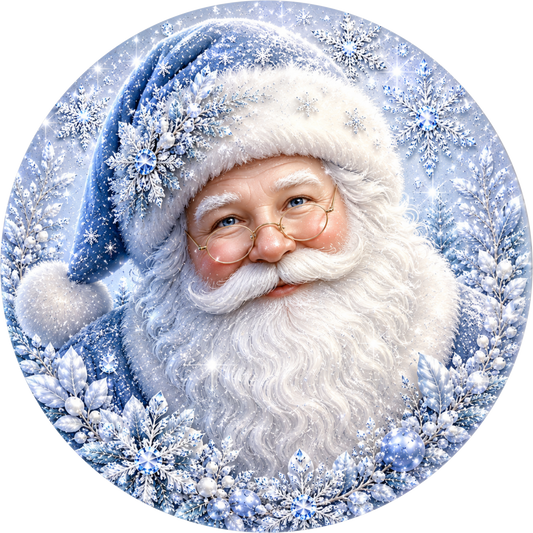Santa in Light Blue — Christmas Round Wreath Sign