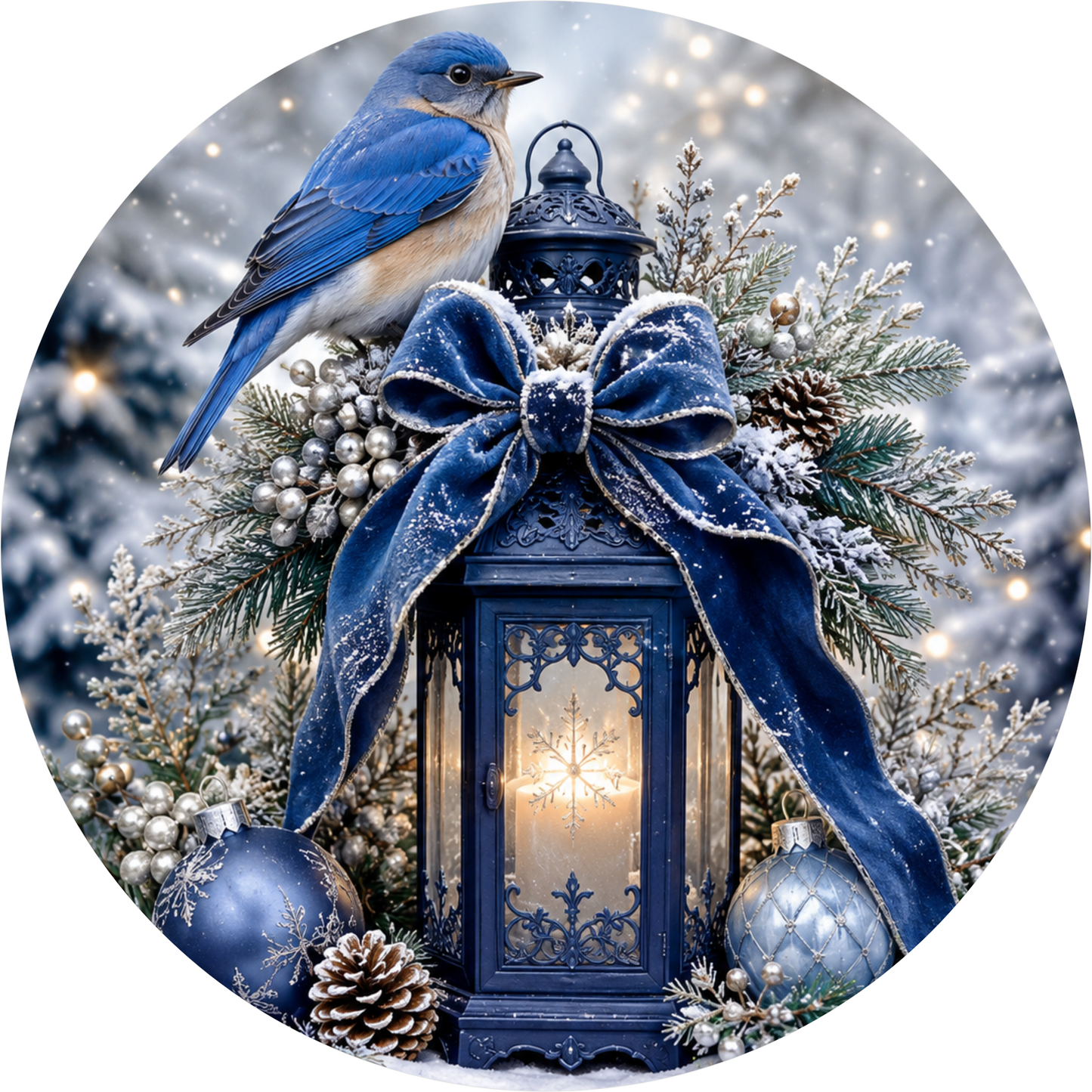 Blue Lantern — Christmas Round Wreath Sign