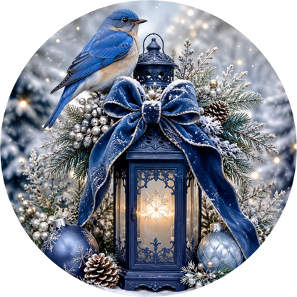 Blue Lantern — Christmas Round Wreath Sign