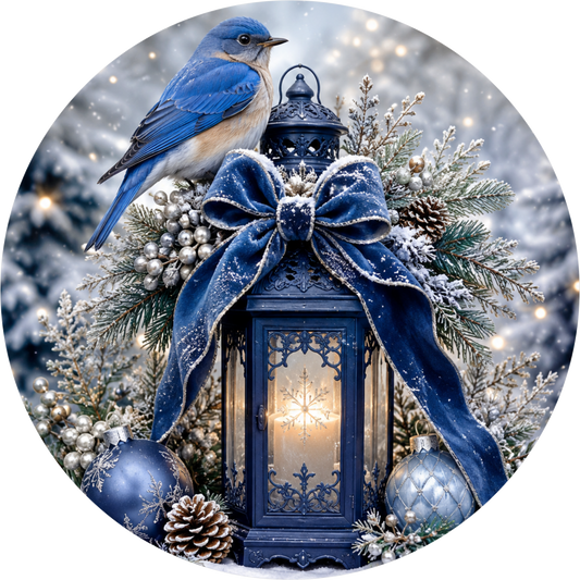 Blue Lantern — Christmas Round Wreath Sign