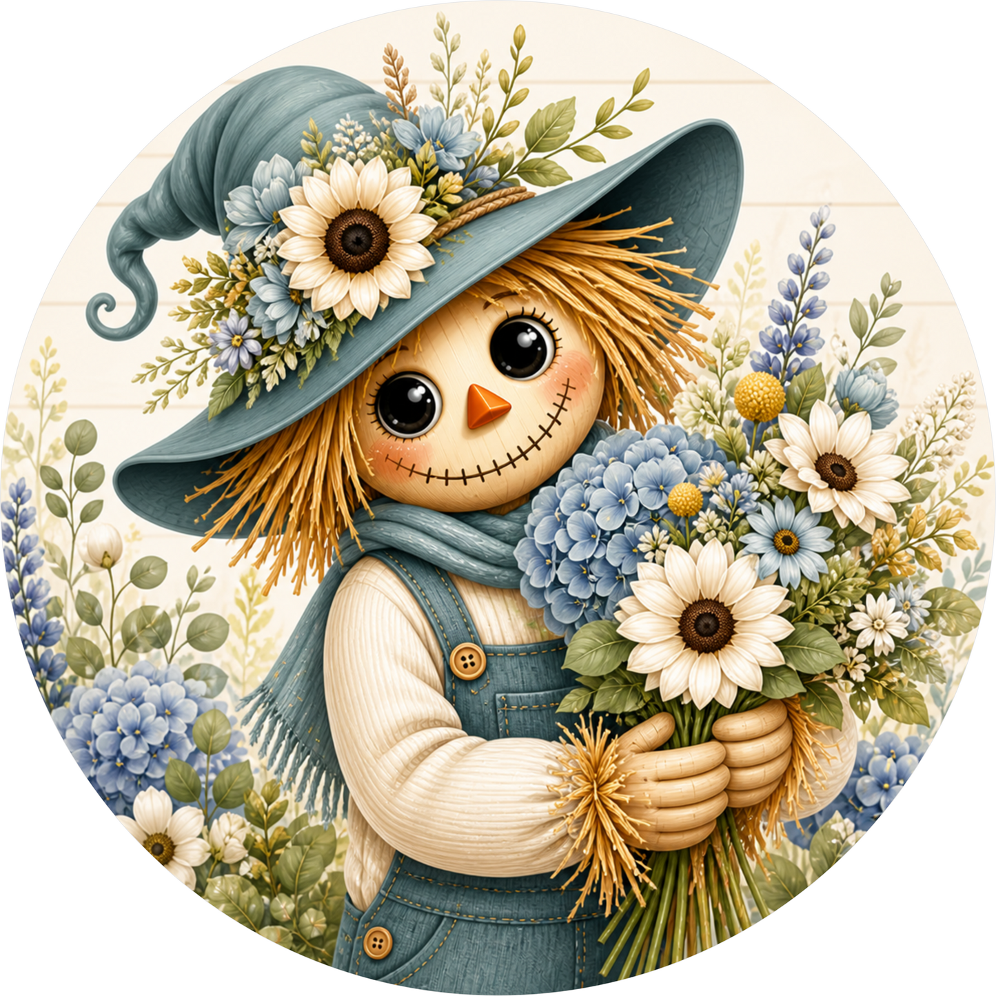 Scarecrow Blue Hydrangeas Round Wreath Sign