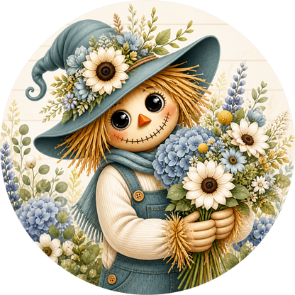 Scarecrow Blue Hydrangeas Round Wreath Sign