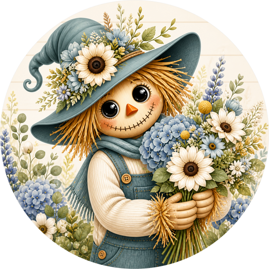 Scarecrow Blue Hydrangeas Round Wreath Sign