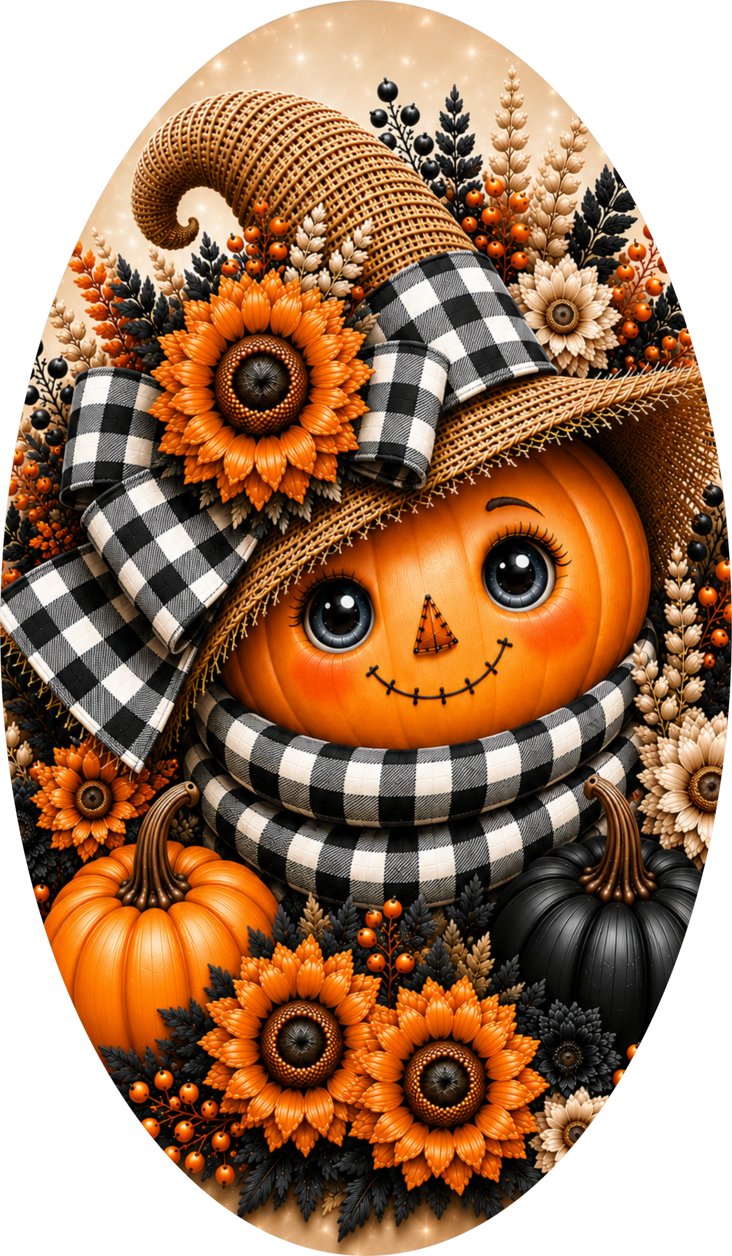 Scarecrow Pumpkin Buffalo Plaid Oval Wreath Sign