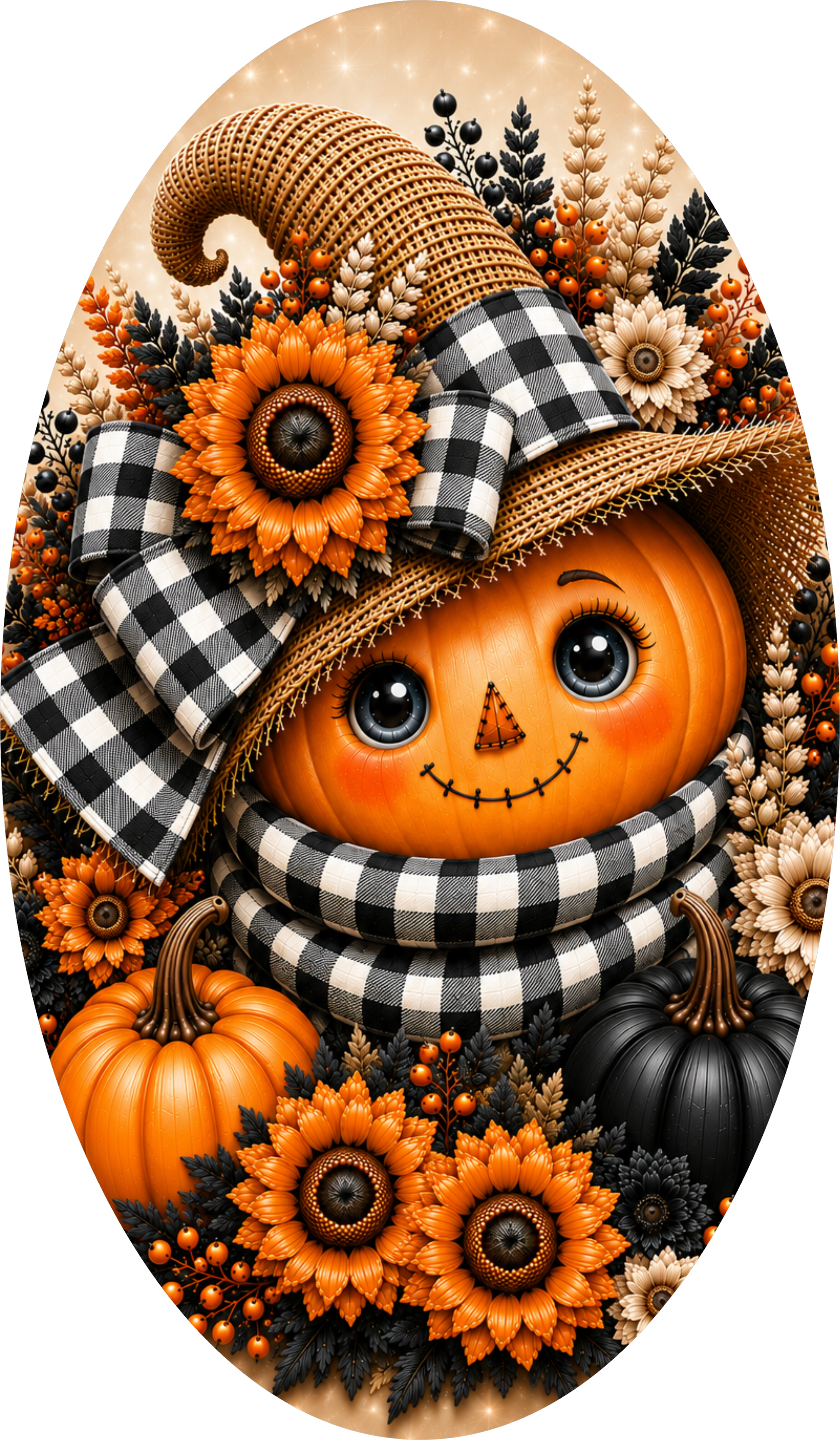 Scarecrow Pumpkin Buffalo Plaid Oval Wreath Sign