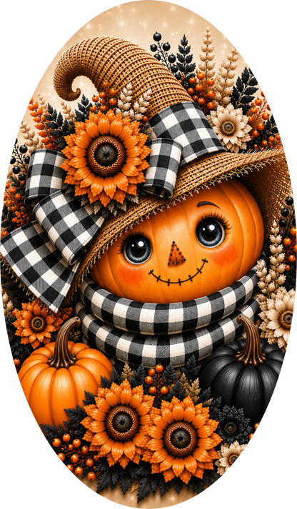 Scarecrow Pumpkin Buffalo Plaid Oval Wreath Sign