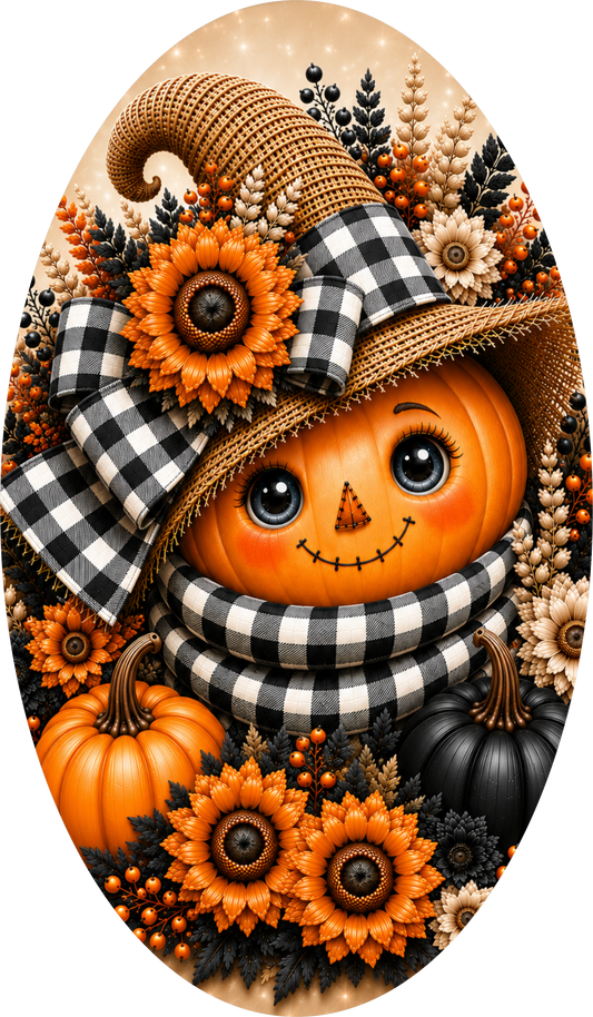 Scarecrow Pumpkin Buffalo Plaid Oval Wreath Sign