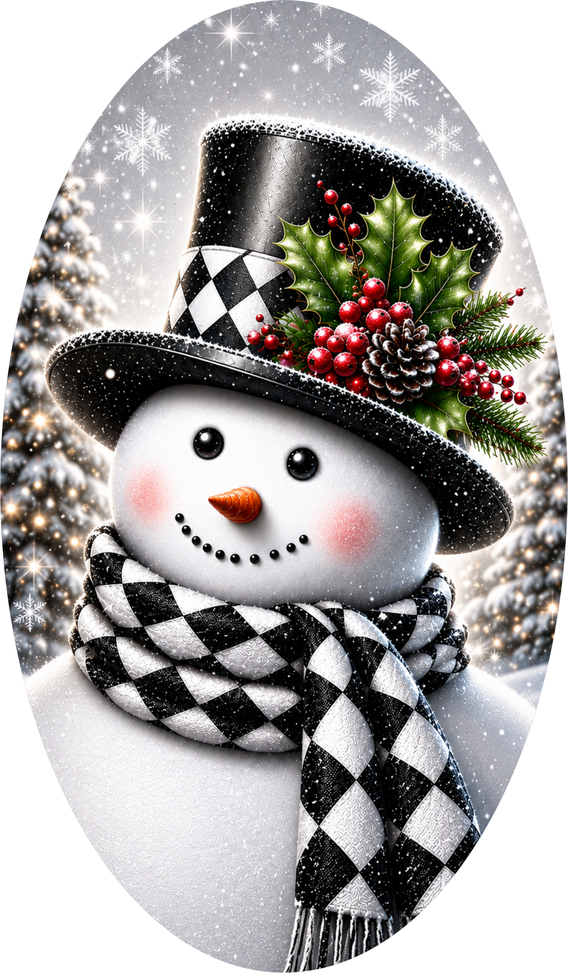 Snowman on Harlequin — Winter Oval Wreath Sign