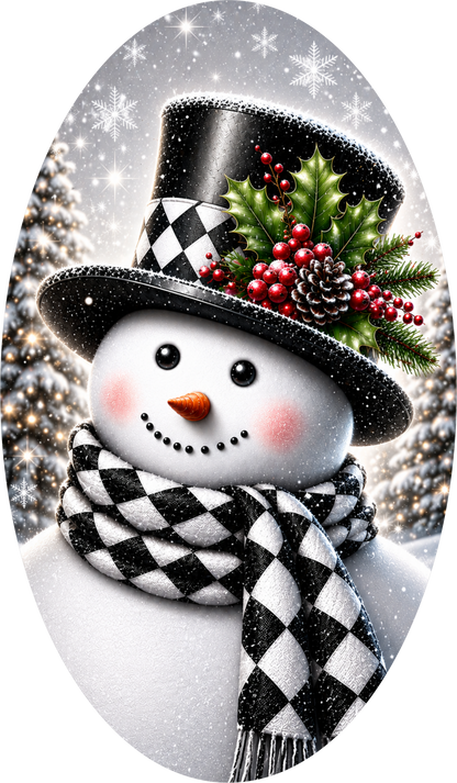 Snowman on Harlequin — Winter Oval Wreath Sign